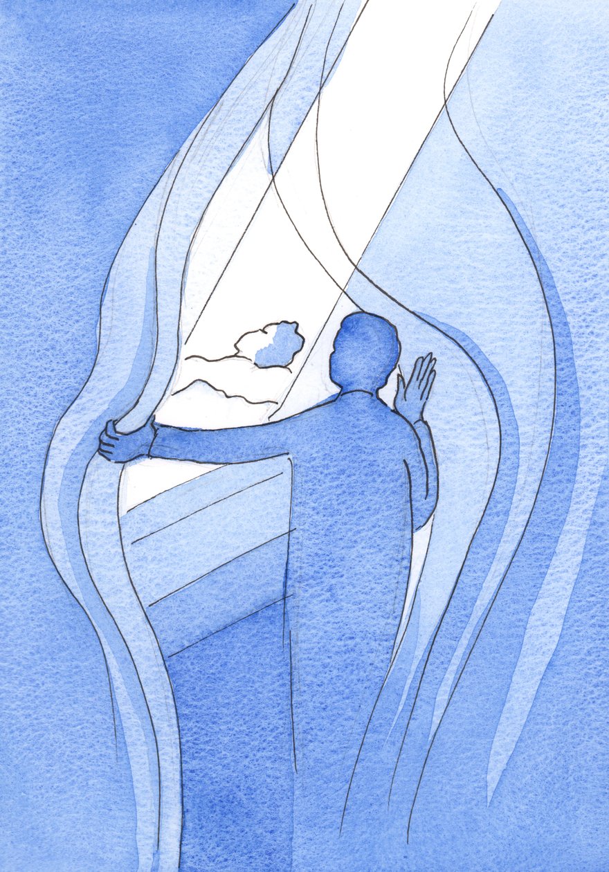 Ved vores inderlige bønner til Vor Velsignede Frue er det, som om vi holder mørkets tråde til side for at lade Himlens lys skinne ned over de nødlidende, 2002 (w/c på papir) af Elizabeth Wang