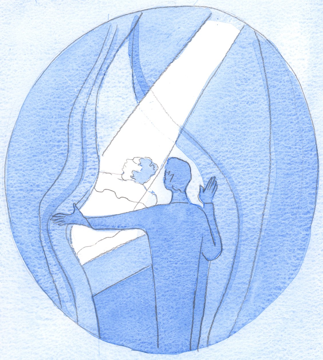 Ved vores inderlige bønner til Vor Velsignede Frue er det, som om vi holder mørkets tråde til side for at lade Himlens lys skinne ned over de nødlidende, 2002 (w/c på papir) af Elizabeth Wang