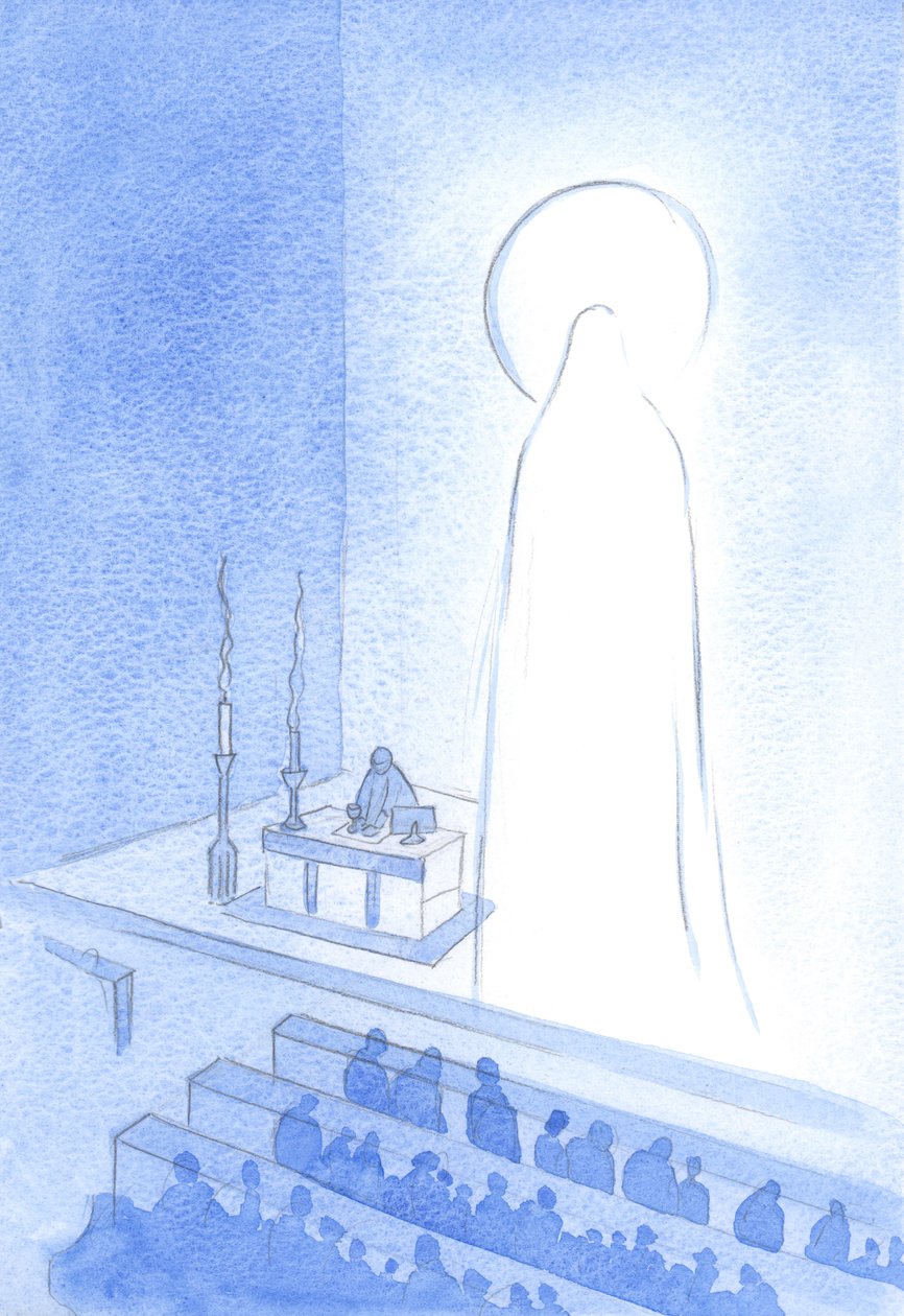 Kristus og hans hellige moder er i live, i himlen nu, herlige. At blive således glorificeret er at være majestætisk og perfekt på alle måder, 2001 (w/c på papir) af Elizabeth Wang