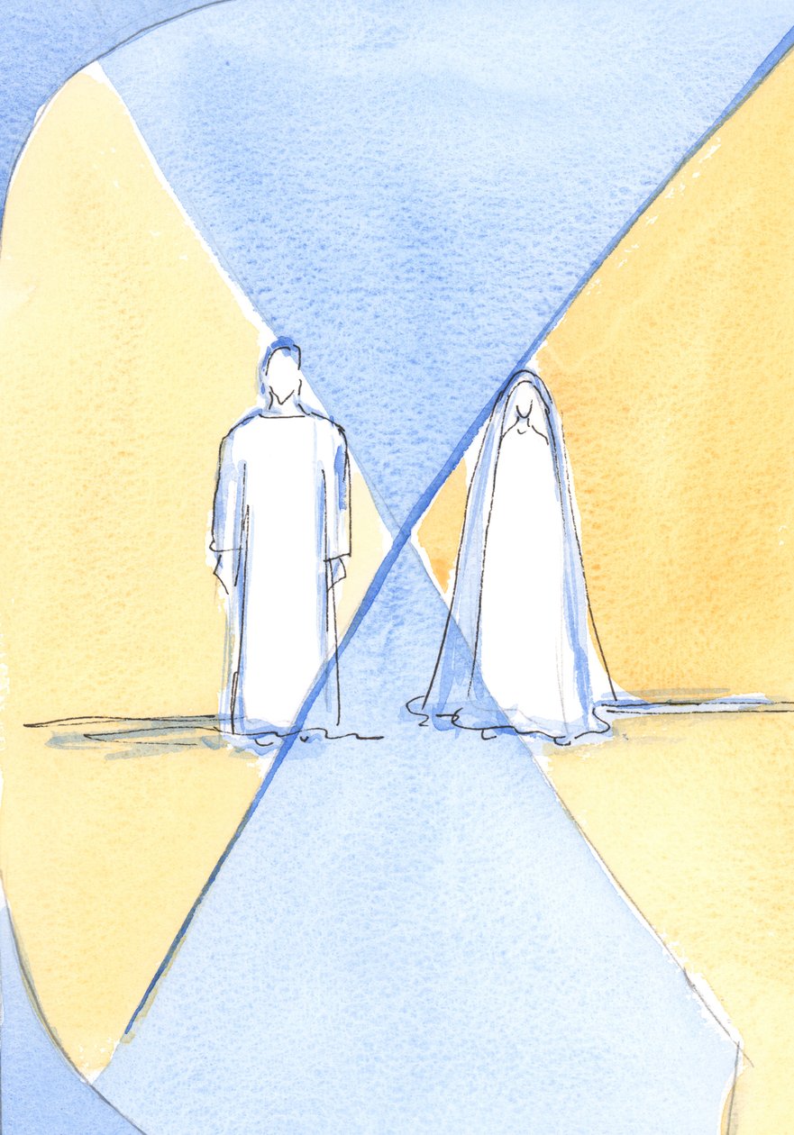 Kristus og hans hellige moder er skaber og skabning, men alligevel "skylder" Kristus, gudsmanden, Maria sin menneskelige natur, sit kød og blod, 2002 (w/c på papir) af Elizabeth Wang