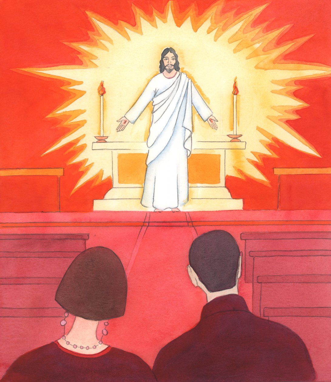 Kristus bad mig om at sige det til andre mennesker: "Hvis du kunne se Jesus i kirkerummet, der kigger på dig, når du kommer ind, ville du så gøre bedre knæbøjninger", 2005 (akvarel på papir) af Elizabeth Wang