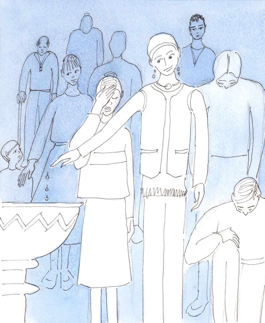 Kristus beder os om at foretage en grundlæggende omvurdering af vores nuværende holdninger og handlinger, der har at gøre med ærbødighed over for ham, 2004 (w/c på papir) af Elizabeth Wang