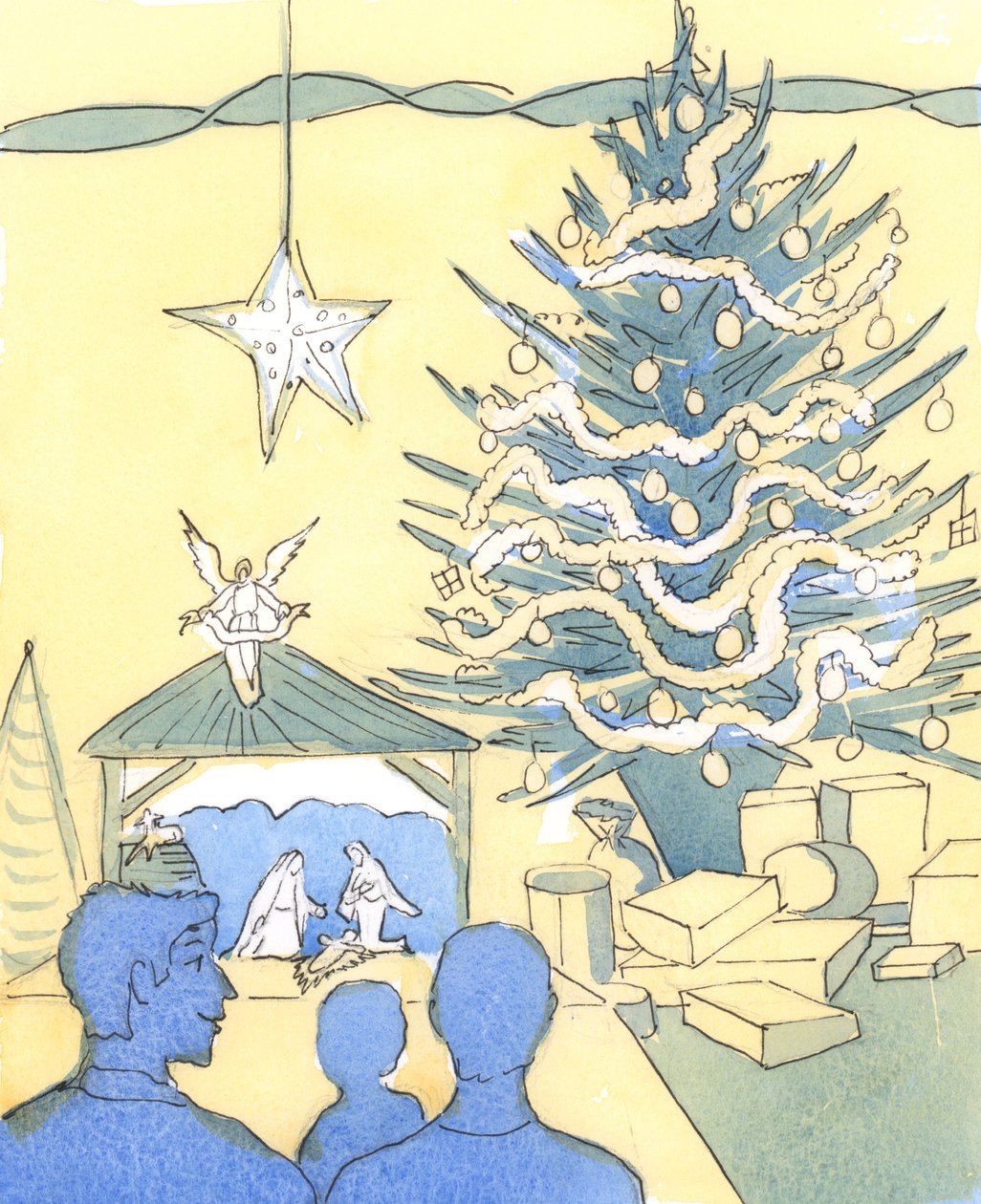 Kristus kom til jorden, for at blive født i fattigdom, for vores skyld; alligevel skal vi feste såvel som at faste i hans kirke, 2004 (w/c på papir) af Elizabeth Wang