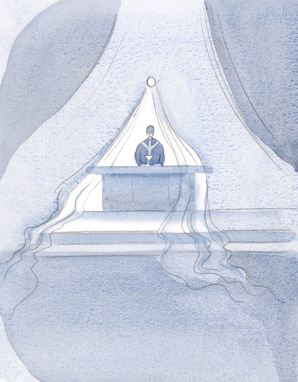 Kristus trækker op mod Himlen - som om de var pakket ind i et fint klæde - dem, der har spist den guddommelige mad ved denne fest., 2001 (w/c på papir) af Elizabeth Wang
