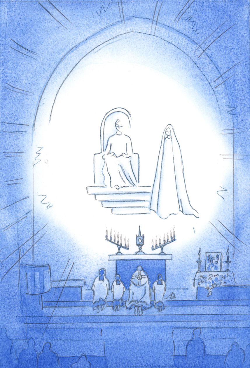 Kristus troner over os, i herlighed, ved vores Novena og Benediction, som er som en himmelsk fest. Vores mor Mary står glad i nærheden, 2002 (w/c på papir) af Elizabeth Wang