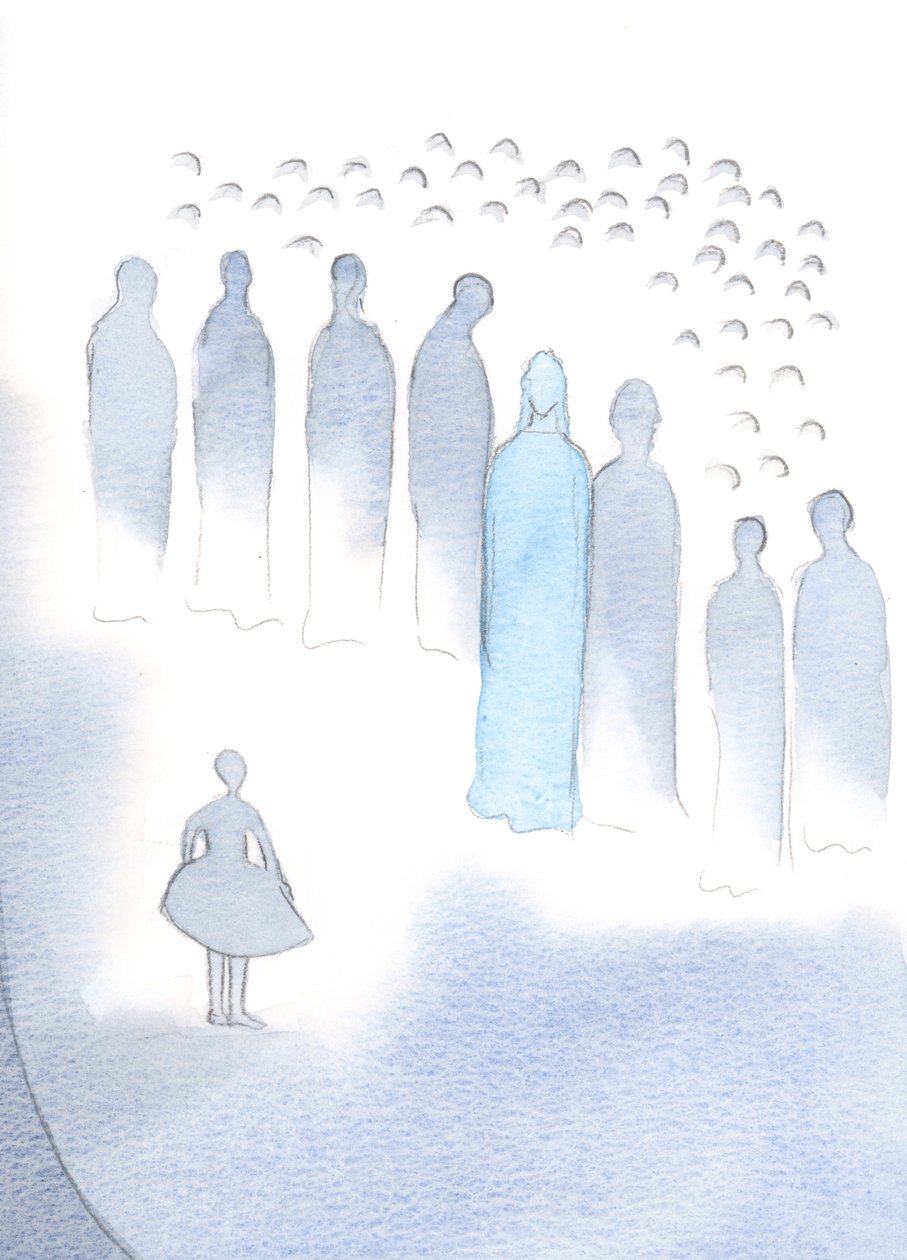 Kristus lytter med glæde, når vi bringer noget til ham, som et barn til en koncert, men han lytter mest glad, når vi åbner vores hjerter i fuld tillid., 2000 (w/c på papir) af Elizabeth Wang