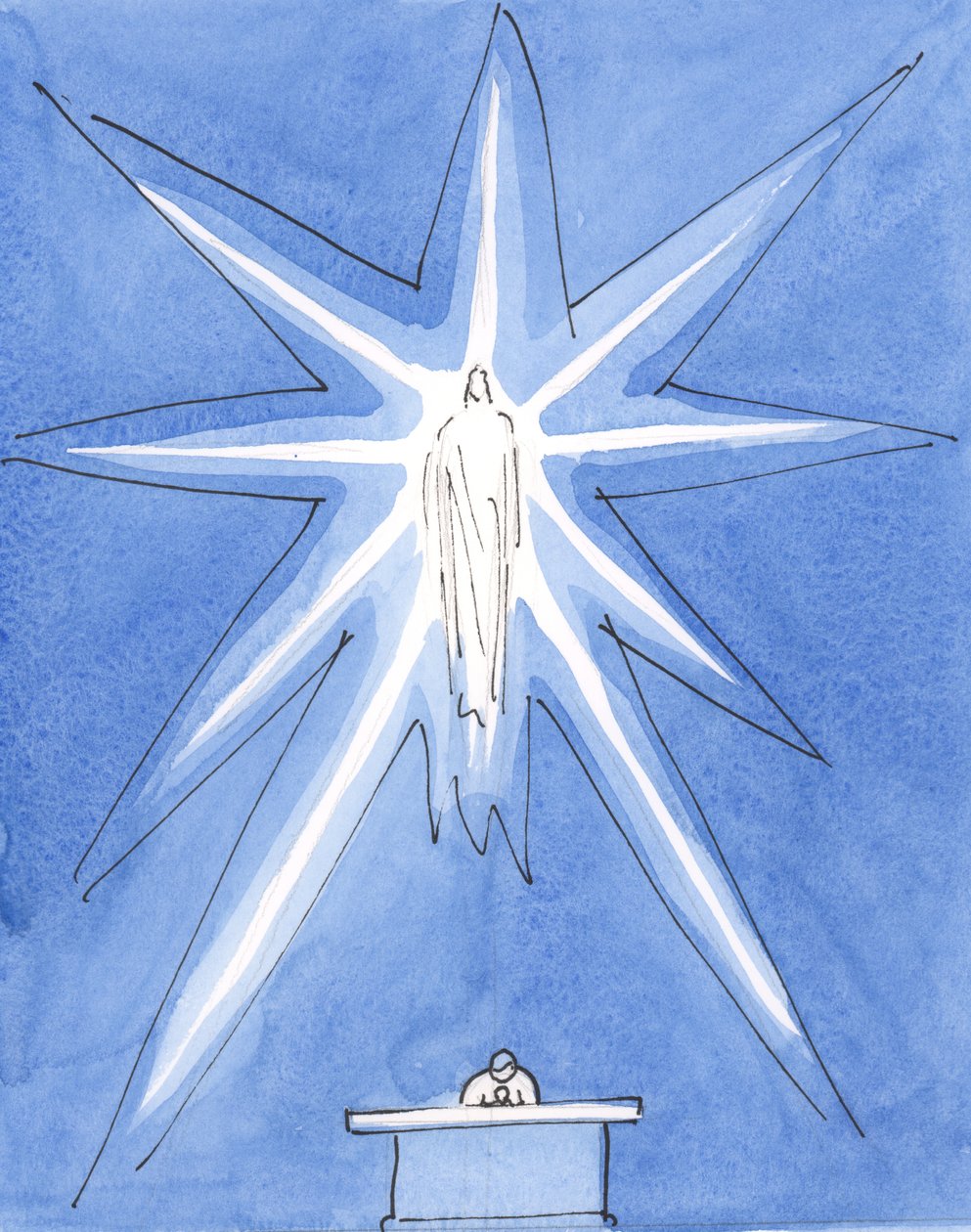 Kristus vor Gud er virkelig til stede hos os, i sin herlighed, ved indvielsen, flammet af hellighed, 2004 (w/c på papir) af Elizabeth Wang