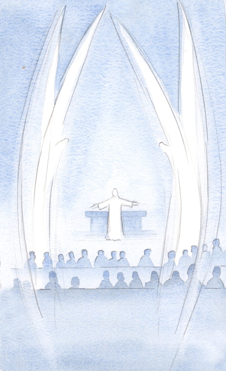 Kristus, vor opstandne Herre var til stede, er os, i hans herlighed og kraft, bevogtet af hans hellige engle, 2000 (w/c på papir) af Elizabeth Wang