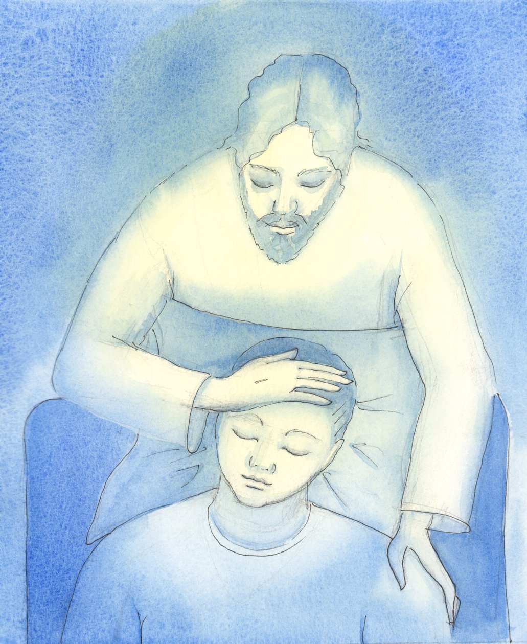 Kristus ser vores smerte og udmattelse og kommer til os i den hellige nadver for at tilbyde trøst og tryghed, som en mor, der stryger et barns hår., 2004 (w/c på papir) af Elizabeth Wang