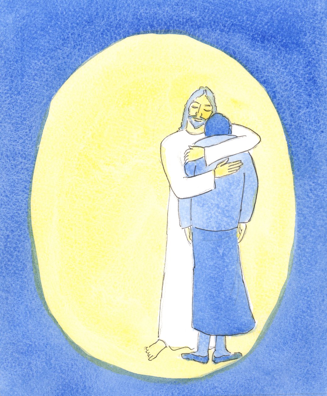 Kristus viste mig i nadveren, at han krammede mig, som man krammer et barn for at trøste hende, for at hjælpe mig gennem mine vanskeligheder., 2004 (w/c på papir) af Elizabeth Wang