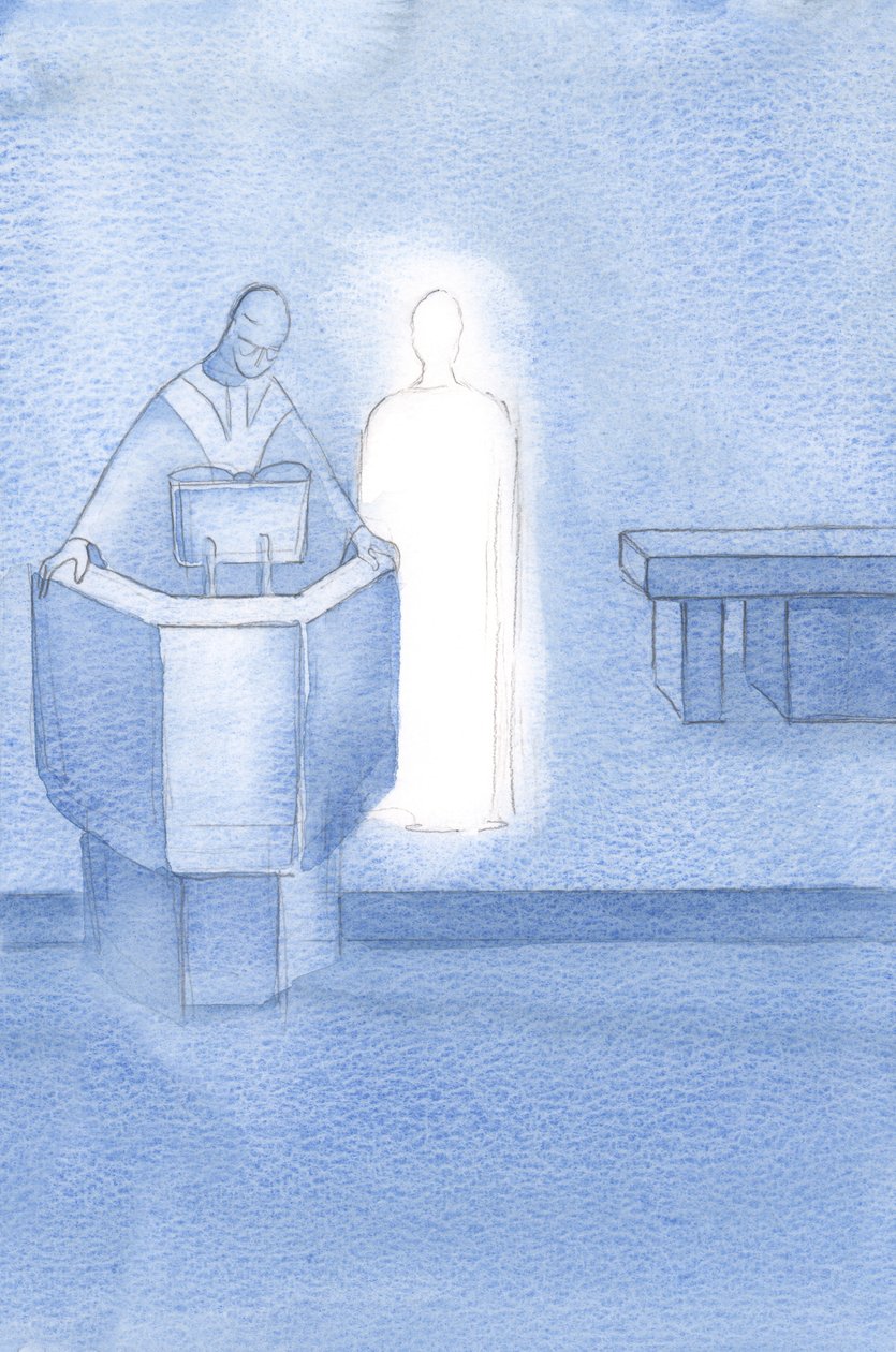 Kristus stod ved siden af præsten, som læste det hellige evangelium for os alle, hvilket var Kristi eget ord., 2000 (w/c på papir) af Elizabeth Wang
