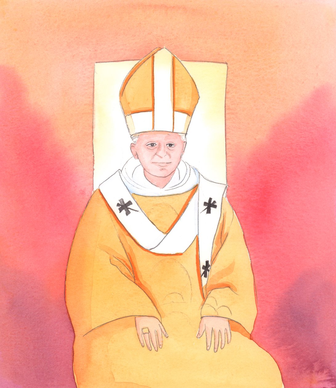 Kristus fortalte mig, at ingen er mere klarsynet end pave Benedikt XVI, når det gælder de ændringer, der er nødvendige for at sikre, at den hellige liturgi gennemføres på en passende måde, som er himlen værdig, 2005 (akvarel på papir). af Elizabeth Wang