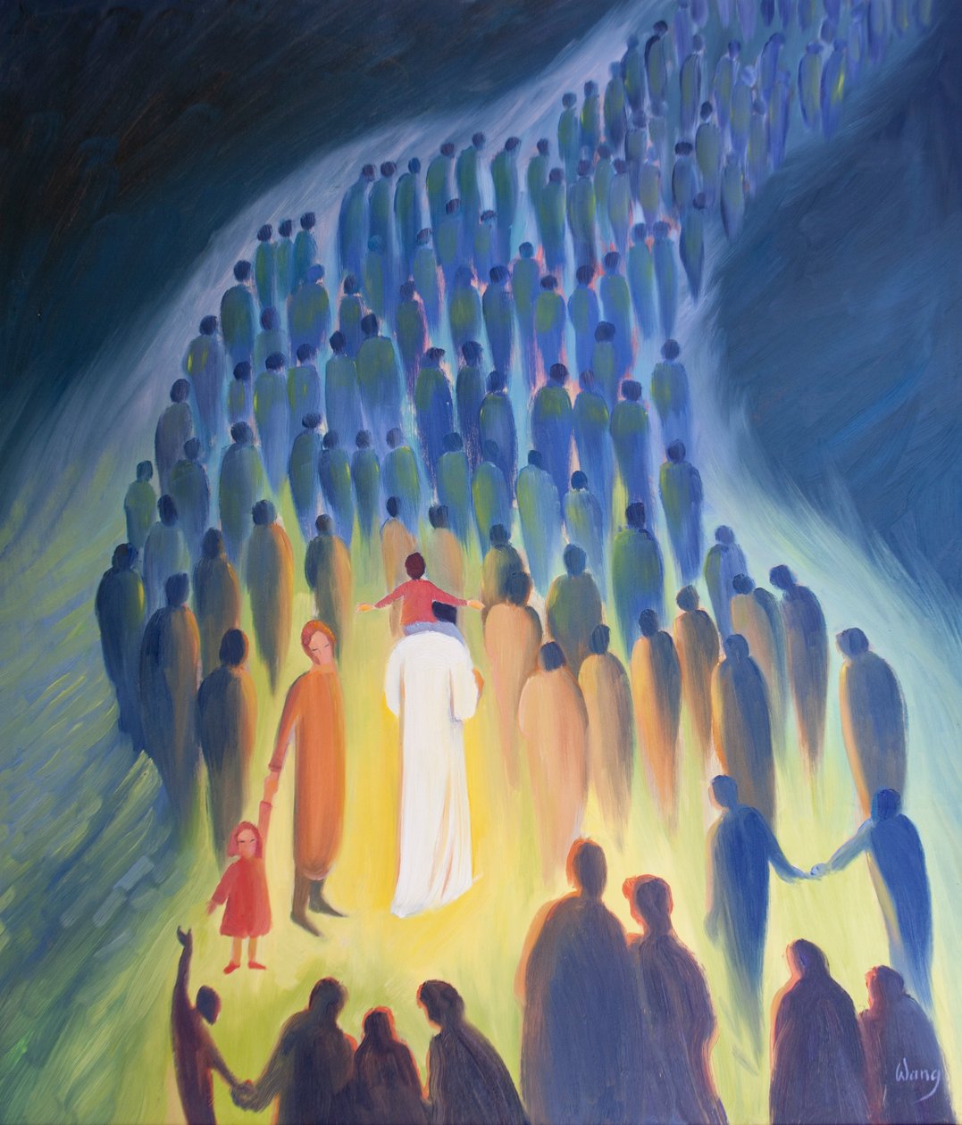 Kristus vandrer blandt sit folk, med pilgrimme og de syge, et barn på sine skuldre, 2001 (olie om bord) af Elizabeth Wang
