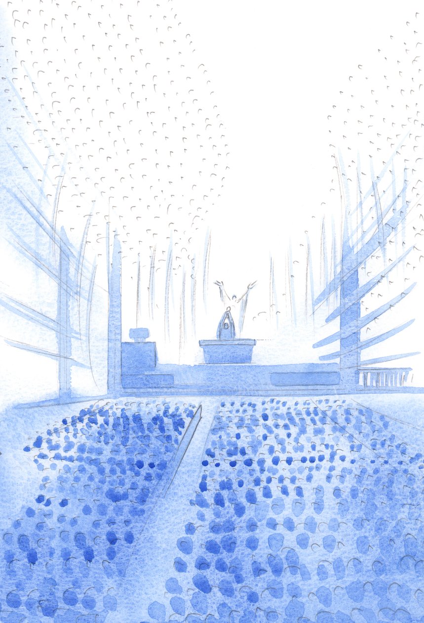 Under det hellige messeoffer bønfalder Kristus Faderen, midt i hans folk på jorden og i himlen, 2002 (w/c på papir) af Elizabeth Wang