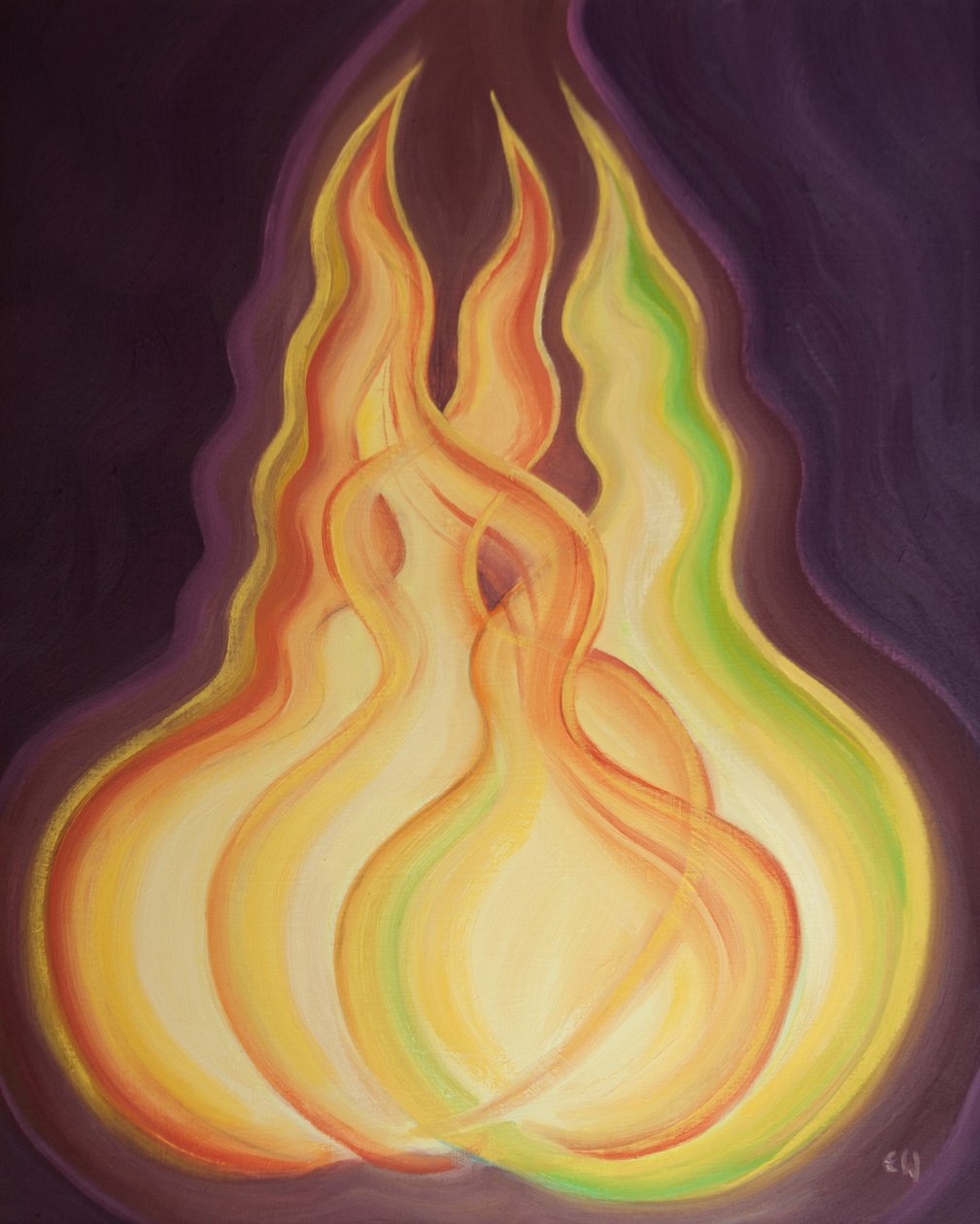Hver guddommelig person, hver flamme, besidder den samme guddommelige natur. Sammen er de én Gud, én ild, 2002 (olie om bord) af Elizabeth Wang