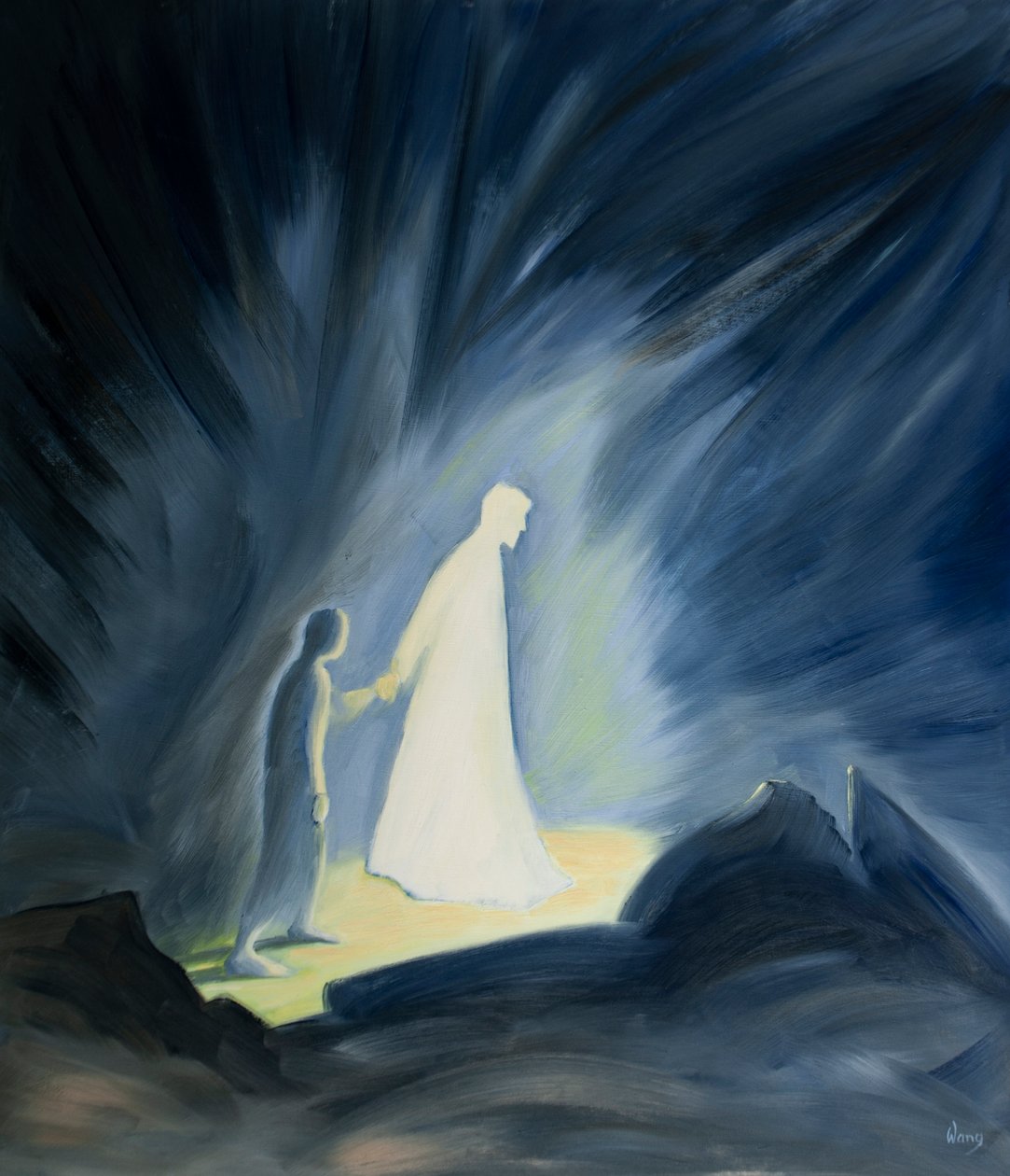 Selv i vores lidelsers mørke trøster og vejleder Jesus os, 2001 (olie om bord) af Elizabeth Wang