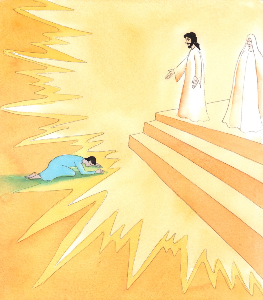 Alle, der dør, møder Kristus, selv folk med andre religioner og selv folk, der aldrig har hørt om ham, 2005 (akvarel på papir) af Elizabeth Wang