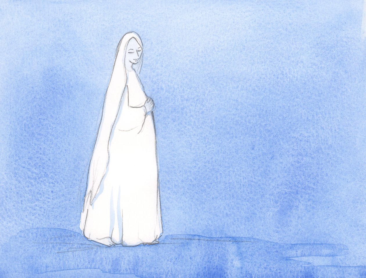 I mange måneder bar Vor Frue Kristus i sit liv; Hun havde tid til at reflektere over hendes rolle i Guds plan, 2002 (w/c på papir) af Elizabeth Wang