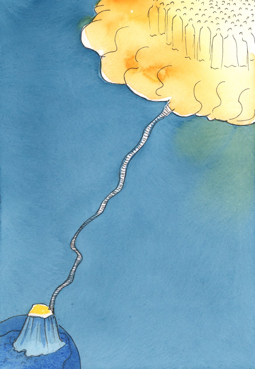 Fra nådens liv førte en rebstige opad, hvor Kristus og de hellige ventede i Himlen for at hilse på dem, der holdt ud, 2003 (w/c på papir) af Elizabeth Wang