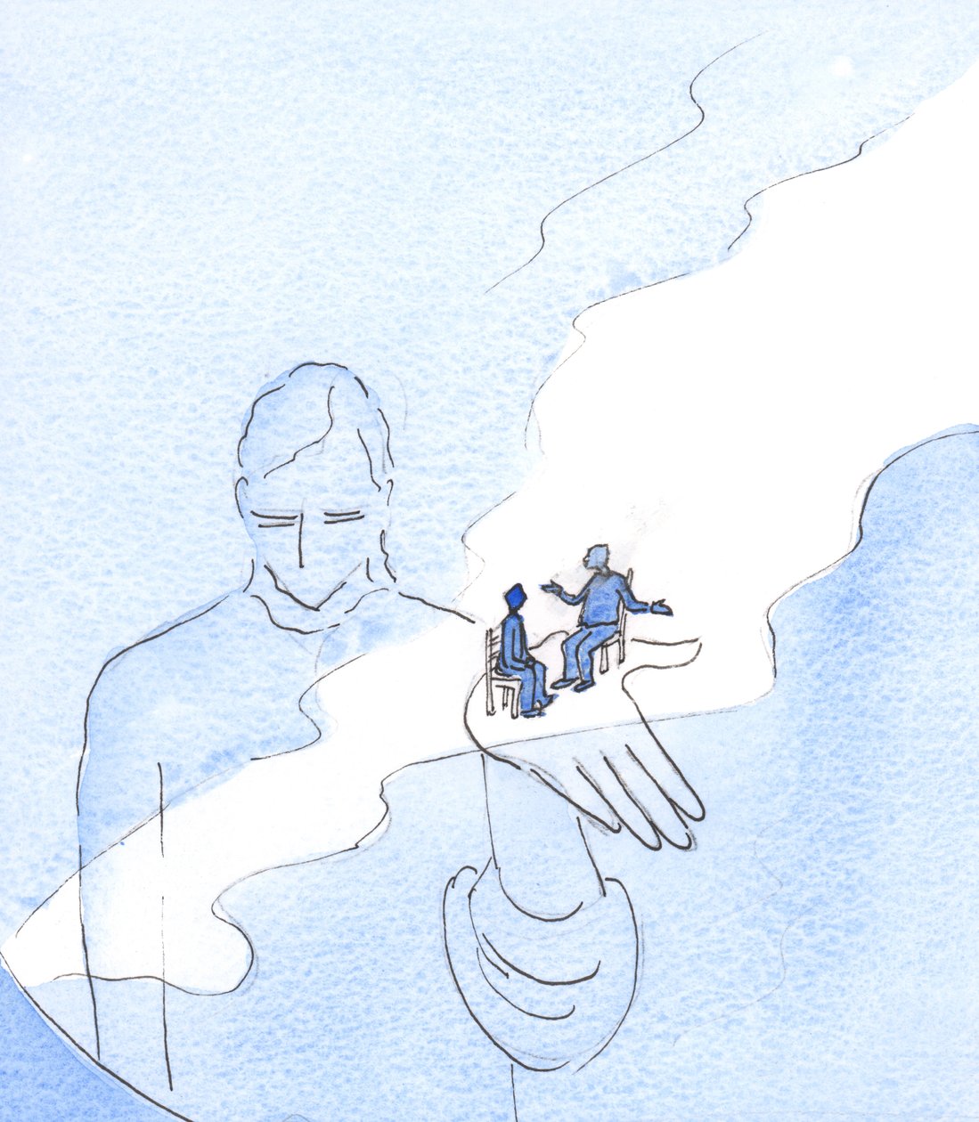 Gud fastholder alle ting og alle mennesker, inklusive dem der sætter spørgsmålstegn ved hans eksistens, 2003 (w/c på papir) af Elizabeth Wang