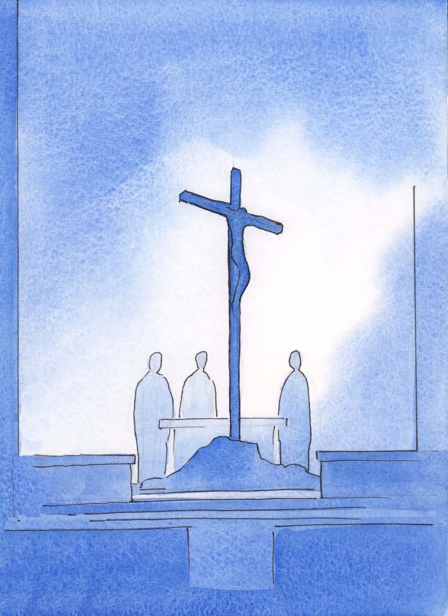 Gud viste mig, at vores tre præster, der ofrede det hellige offer, stod omkring korset, som Kristus døde på, 2002 (w/c på papir) af Elizabeth Wang