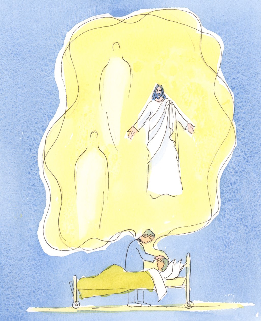 Guds gave til de syge er Jesus Kristus selv, med Faderen og Helligånden, Én Gud - på arbejde i dette sakramente, 2004 (w/c på papir) af Elizabeth Wang
