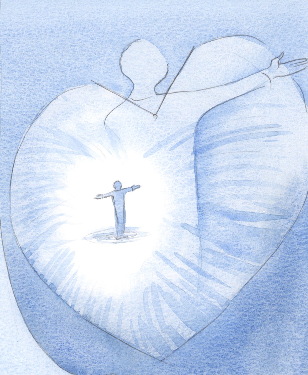 Han viste mig, at vi kun har hjertet til at give ham; det er den eneste skat, vi kan bære til himlen, fuld af hans liv., 2001 (w/c på papir) af Elizabeth Wang