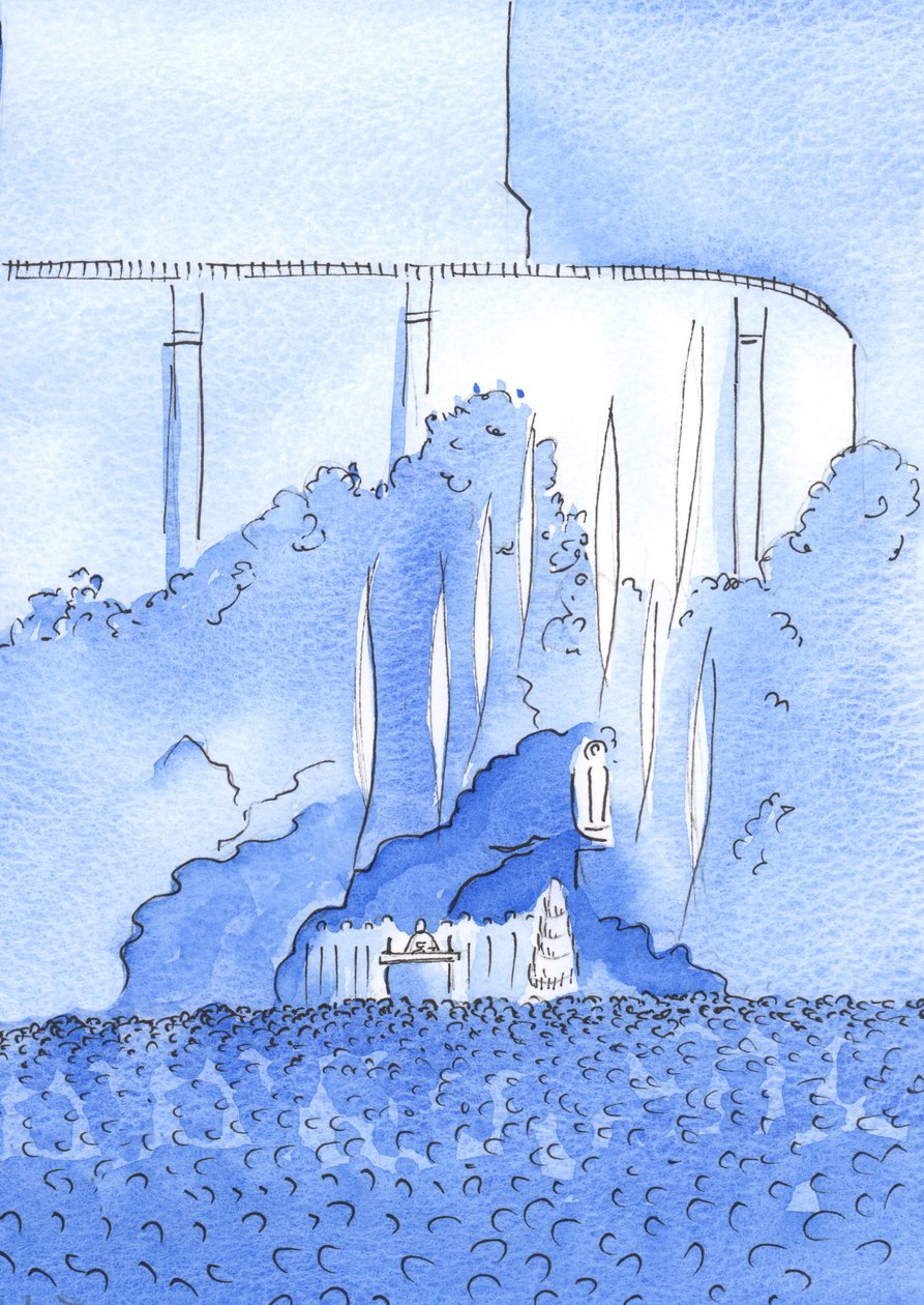 Helligmesse fejres i grotten i Lourdes. Englene svæver over grotten, 2002 (w/c på papir) af Elizabeth Wang