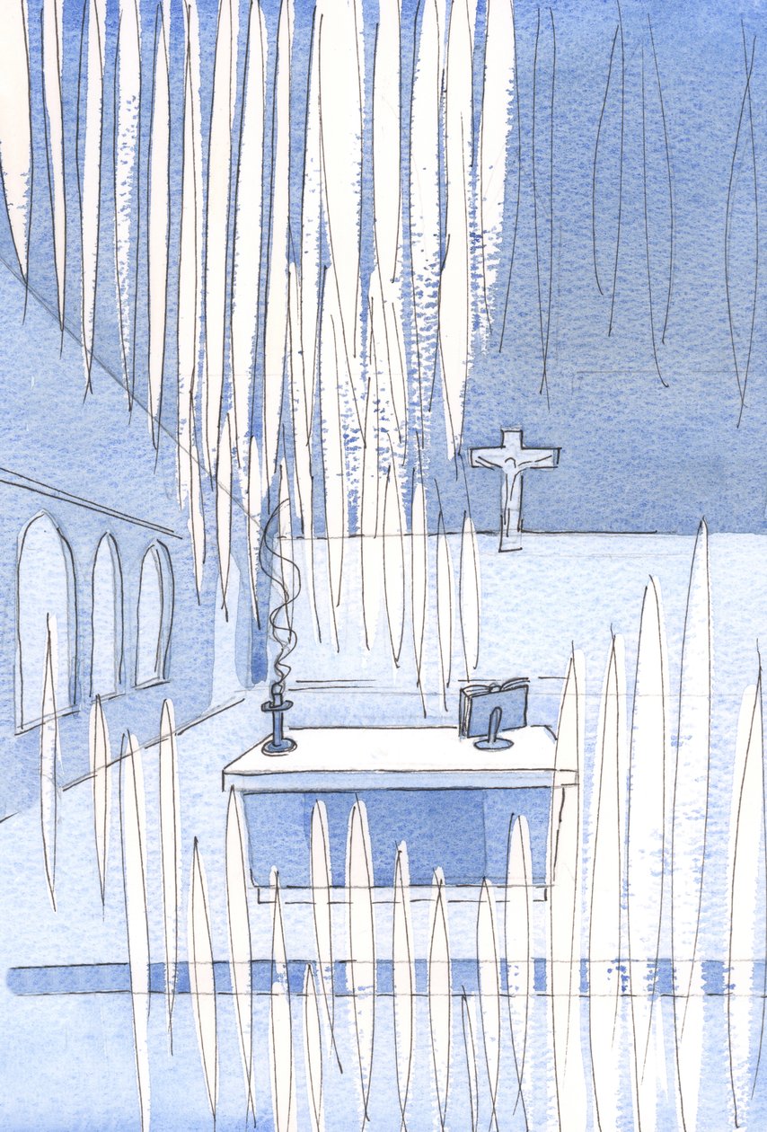 Hvor mange engle! Et stort antal blev samlet i kirken for at fejre Vor Frues fest, uanset hvor få de troende er., 2001 (w/c på papir) af Elizabeth Wang