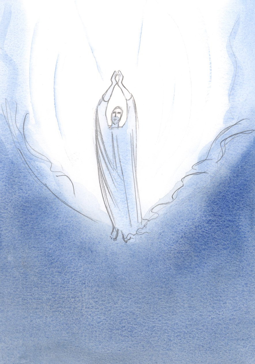 Jeg så Kristus stå på himlens rand, hans arme strakt ud i bøn: hvad end jeg beder Faderen om, beder Jesus i himlen om det for mig., 2001 (w/c på papir) af Elizabeth Wang