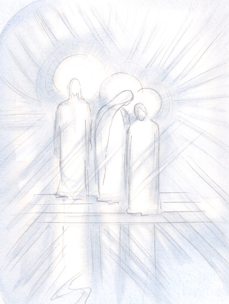 Jeg så tydeligt Jesus, hans hellige moder ved hans side og Saint Joseph ved siden af hende. Kristus giver dem til os, som hjælpere og eksempler, 2000 (w/c på papir) af Elizabeth Wang