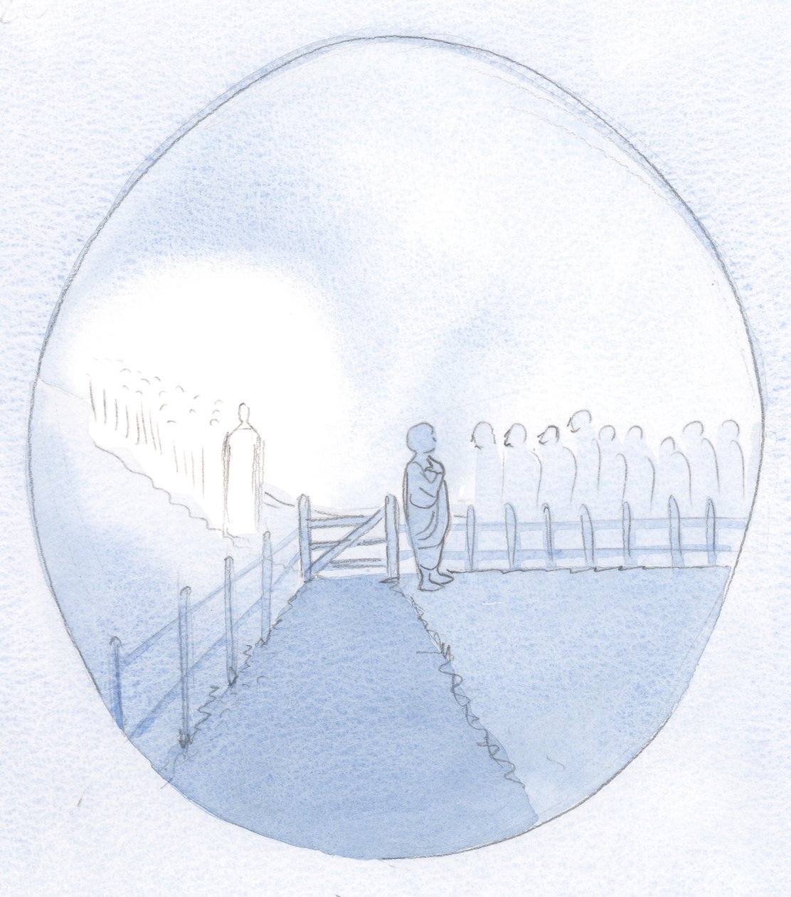 Jeg så en forfængelig sjæl som en lille bondekone, der var fuld af selvbetydning, og ventede på en kongelig gæst. Men hans gennemborede fødder var bare., 2001 (w/c på papir) af Elizabeth Wang