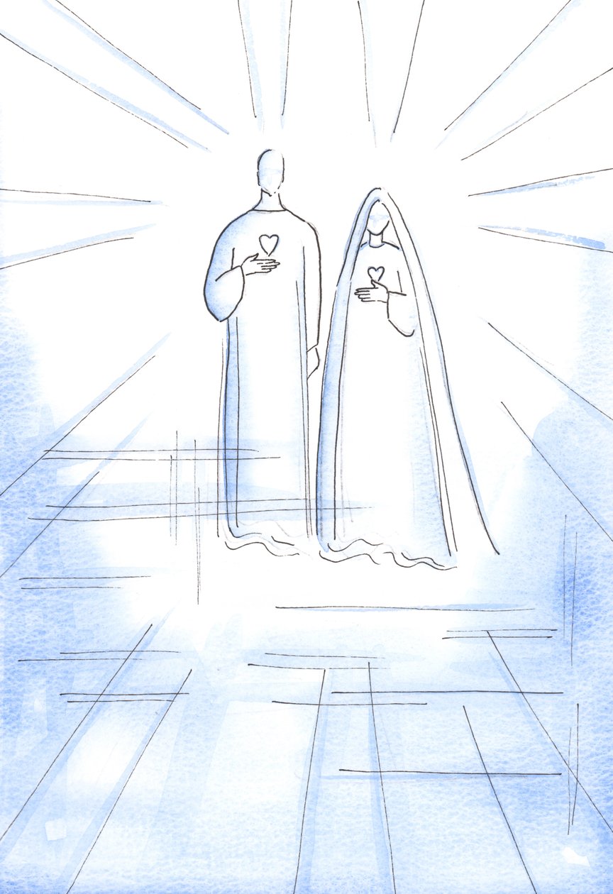 Jeg blev vist de to hjerter: af den syndfrie Kristus og af hans ubesmittede mor, i himlens strålende lys, 2002 (w/c på papir) af Elizabeth Wang