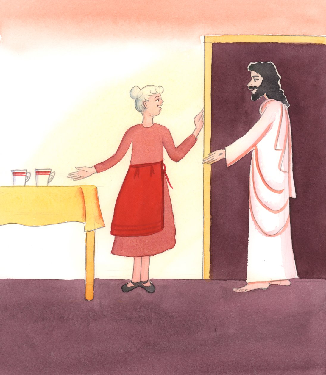 Hvis vi giver Kristus en varm velkomst i nadveren og derefter taler med ham, er det, som om vi inviterer ham ind i et køkken til et lykkeligt møde, 2005 (akvarel på papir). af Elizabeth Wang