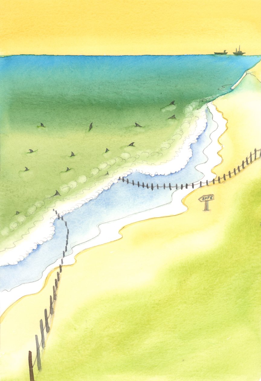 Hvis vi vejleder en person mod fare, er vi ansvarlige for deres skader, uanset om det er på en strand eller ved at udgive dårlige bøger eller på et hvilket som helst område af livet, 2003 (w/c på papir) af Elizabeth Wang