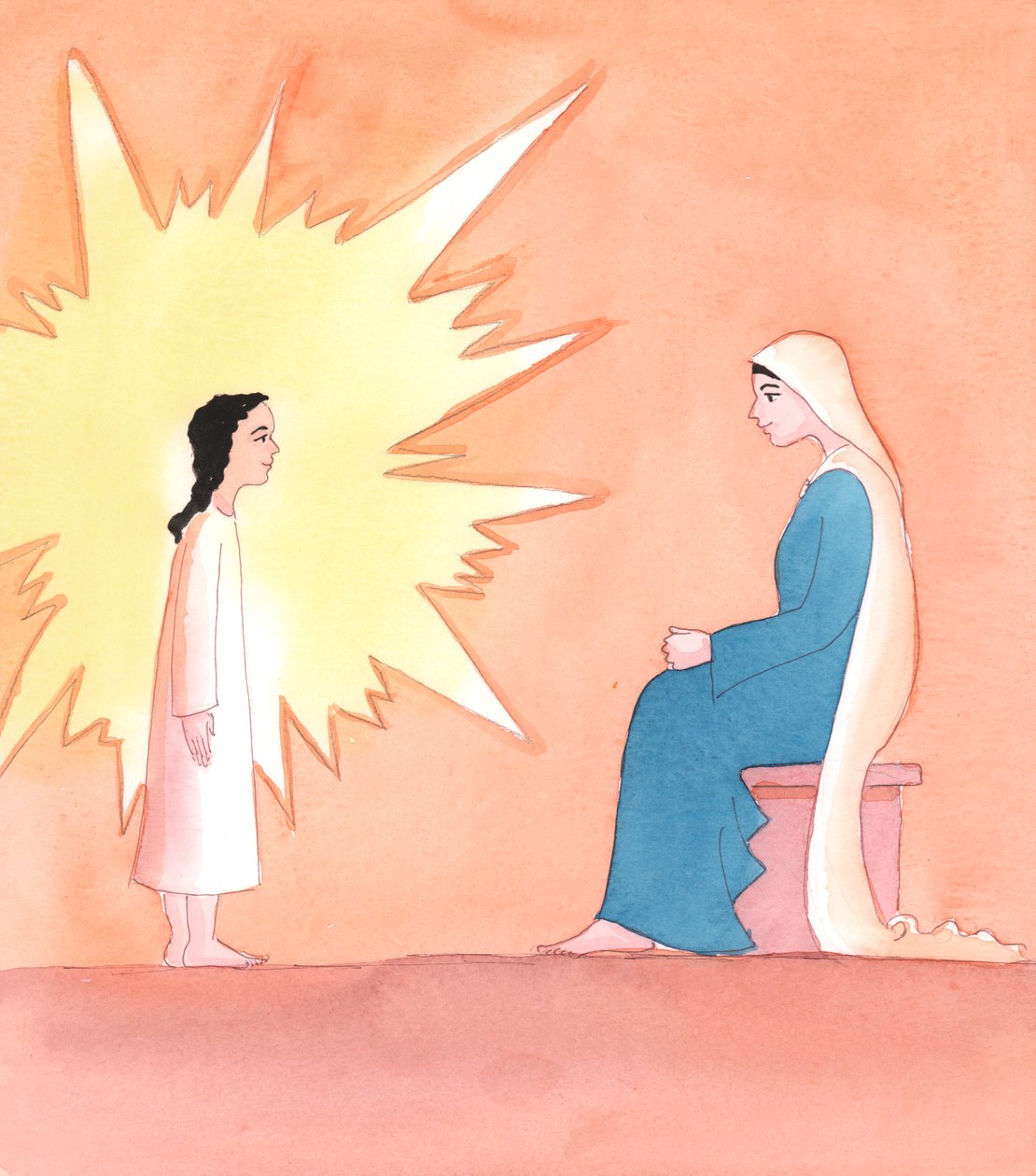 Hvis vi ønsker at nærme os Kristus ved tilbedelsen og vise ham den kærlighed, som hans mor Maria viste ham på jorden, behøver vi blot at vise ham vores glæde ved hans virkelige nærvær, 2005 (akvarel på papir). af Elizabeth Wang