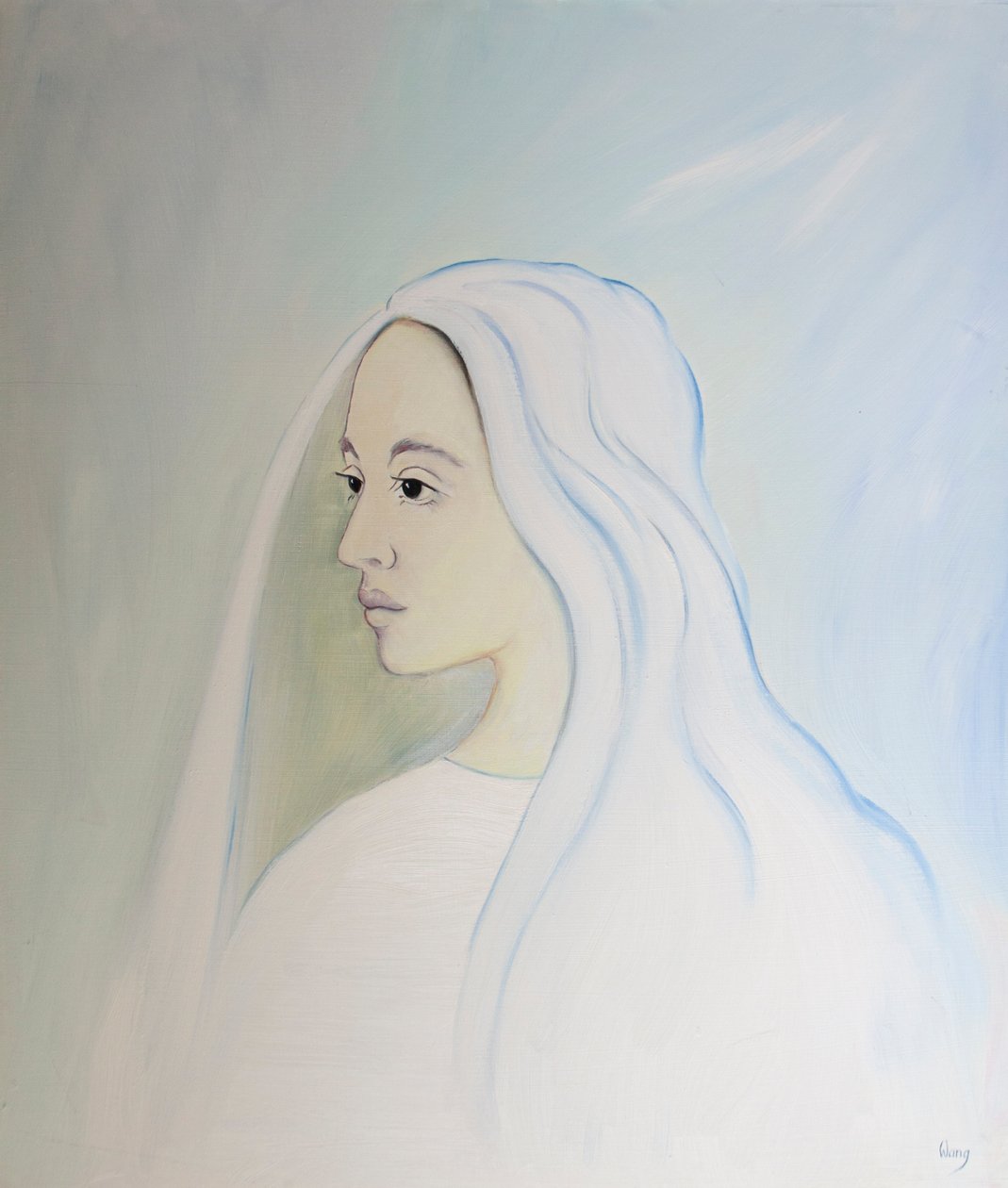 I himlen deler Jomfru Maria sin søns bekymring for alt, hvad der sker på jorden, 2000 (olie om bord) af Elizabeth Wang