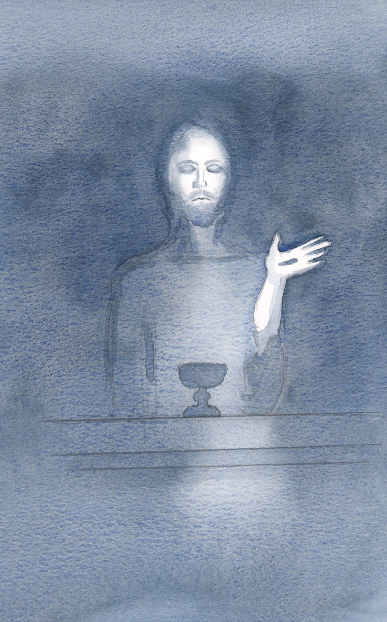 I sin barmhjertighed kommer Kristus til vores alter, dagligt, mens vi byder ham velkommen, i troens mørke, 2000 (w/c på papir) af Elizabeth Wang
