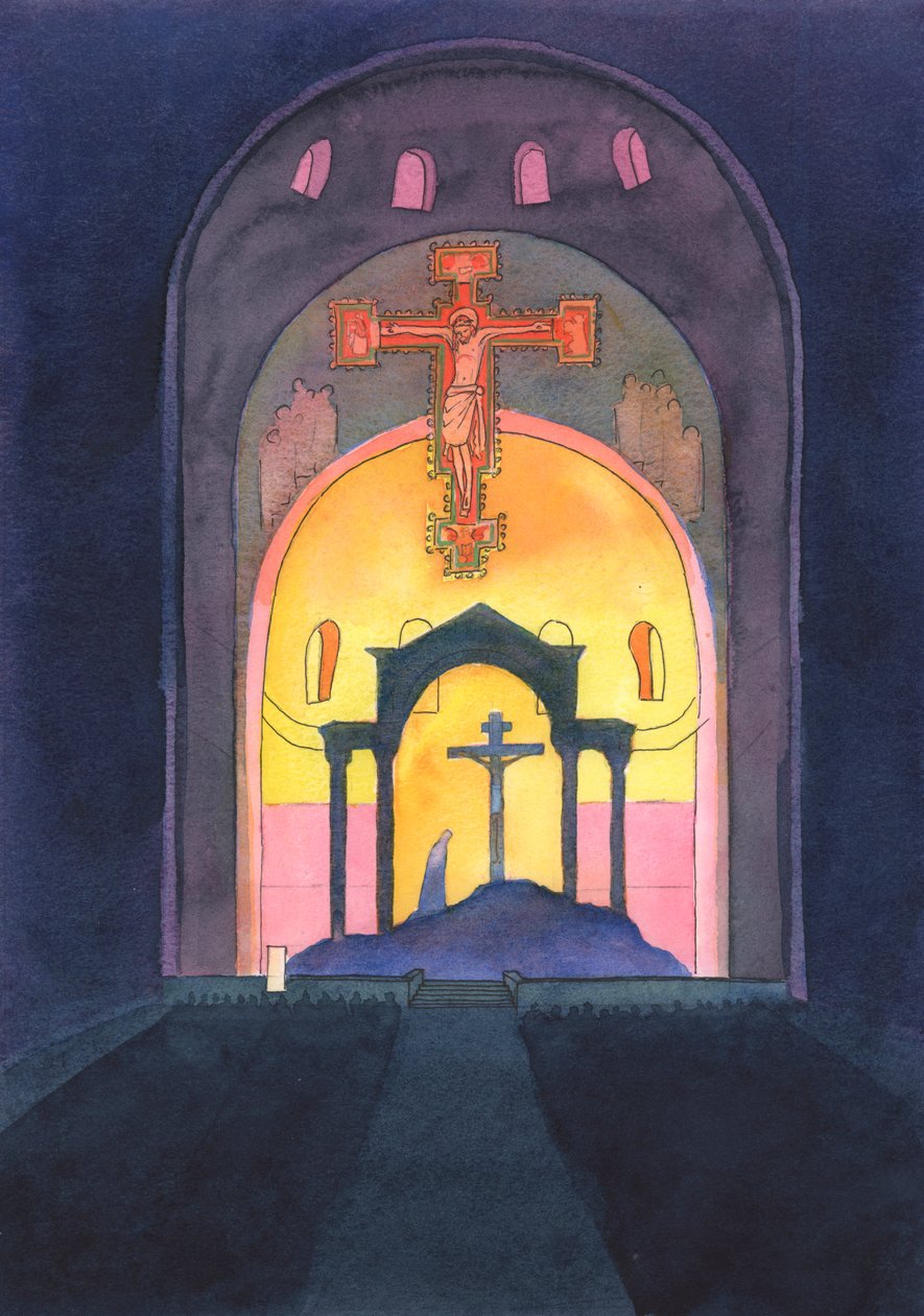 I Westminster Cathedral og i enhver katolsk kirke bliver Golgata-offeret genfremsat til vores frelse ved messen 2004 (w/c på papir) af Elizabeth Wang