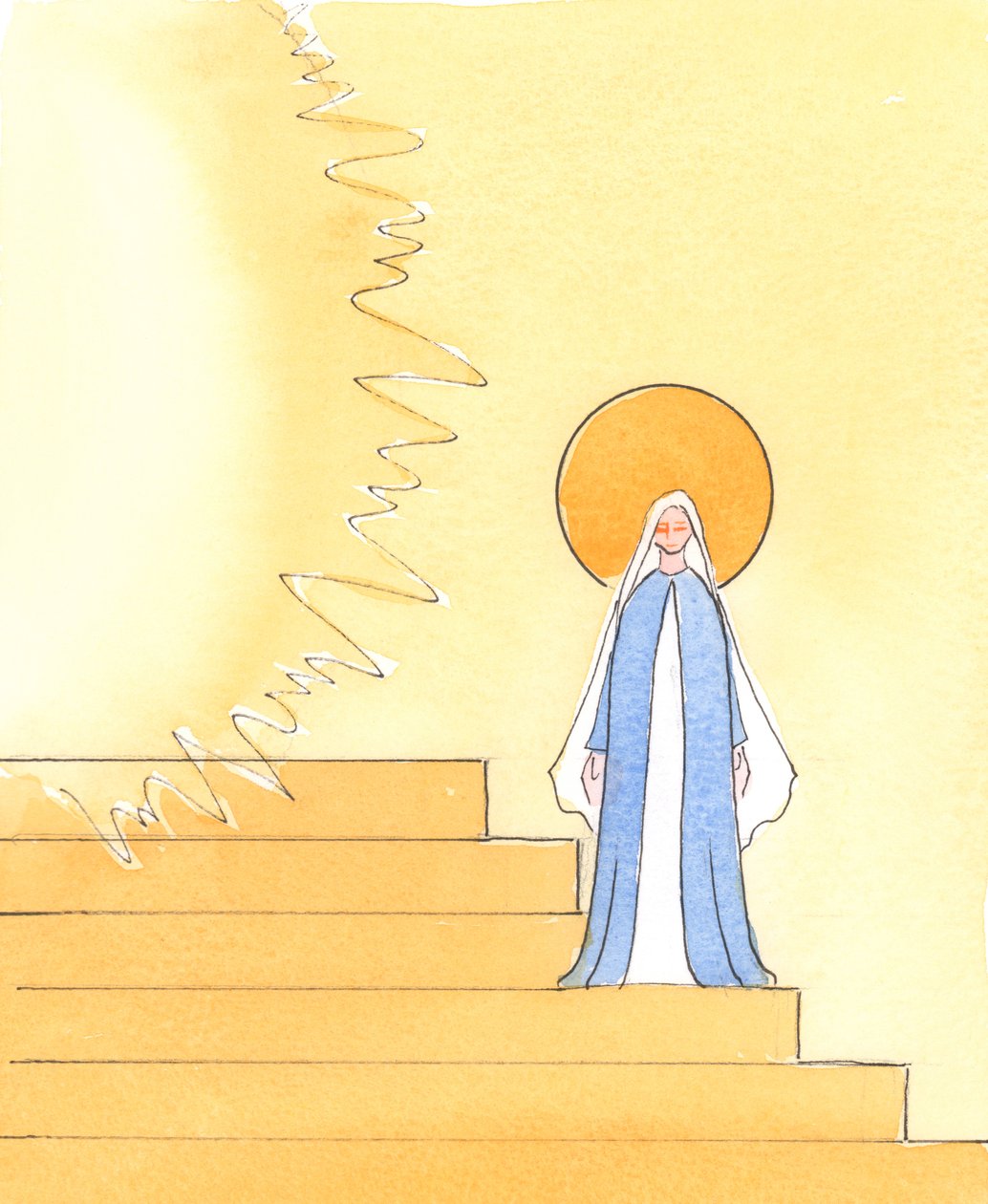 På et billede af Himlens Hof, hvor Gud Fader hersker i herlighed, er Vor Velsignet Frue placeret på trappen, som fører til Faderens trone, 2004 (w/c på papir) af Elizabeth Wang
