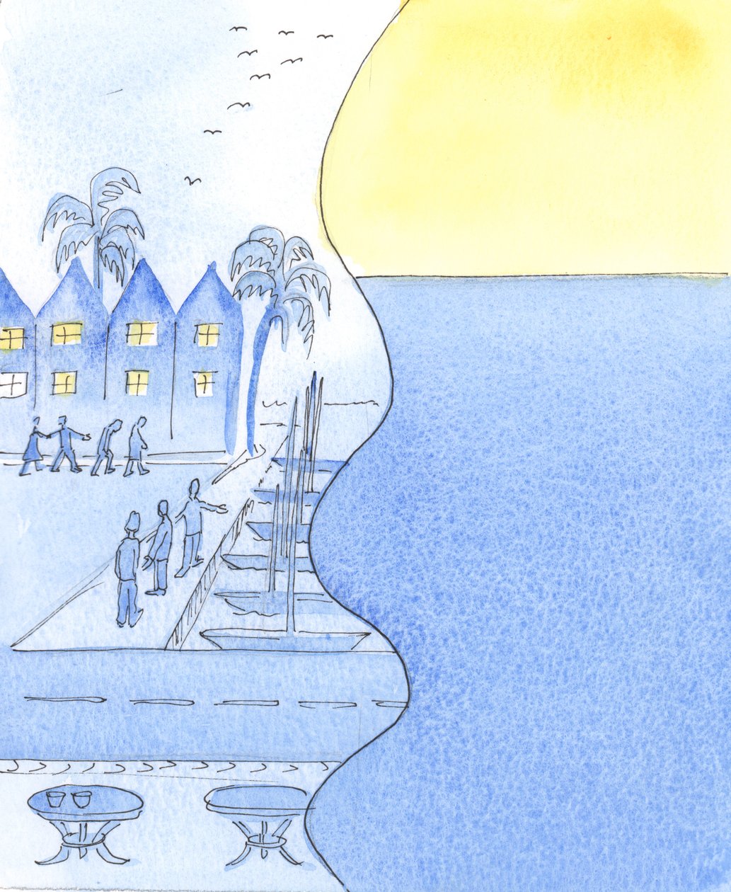 I en kystby kan vi se på de travle gader og havnen, eller vende os for at beundre himlen og det rolige hav, 2003 (w/c på papir) af Elizabeth Wang