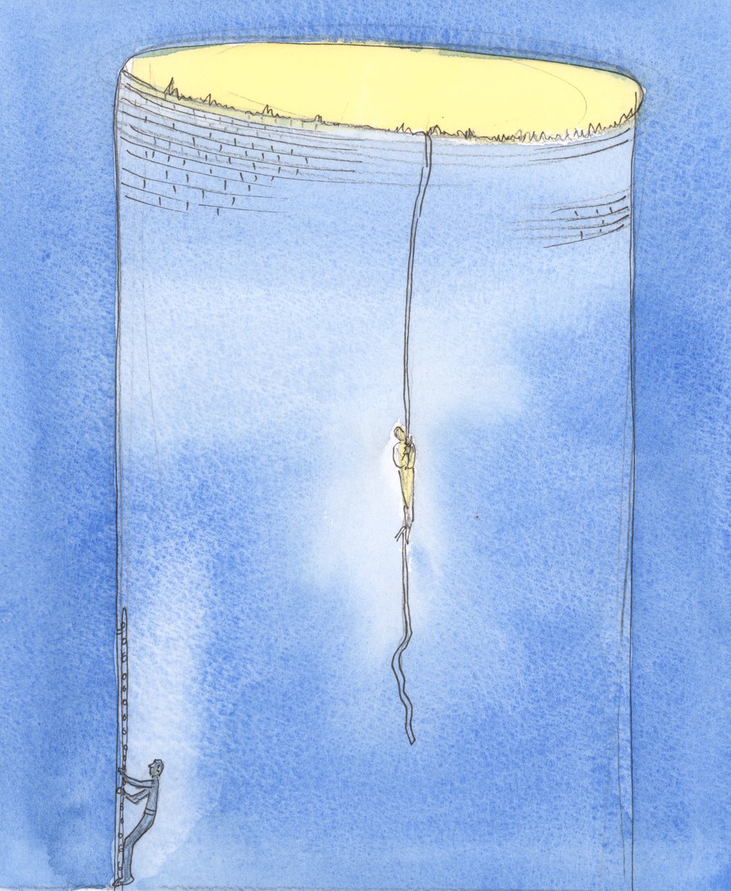 I forbøn er det, som om Gud tillader en person at gå ned på et reb for at redde en anden person, der er strandet i en dyb skakt under jorden, 2004 (w/c på papir) af Elizabeth Wang