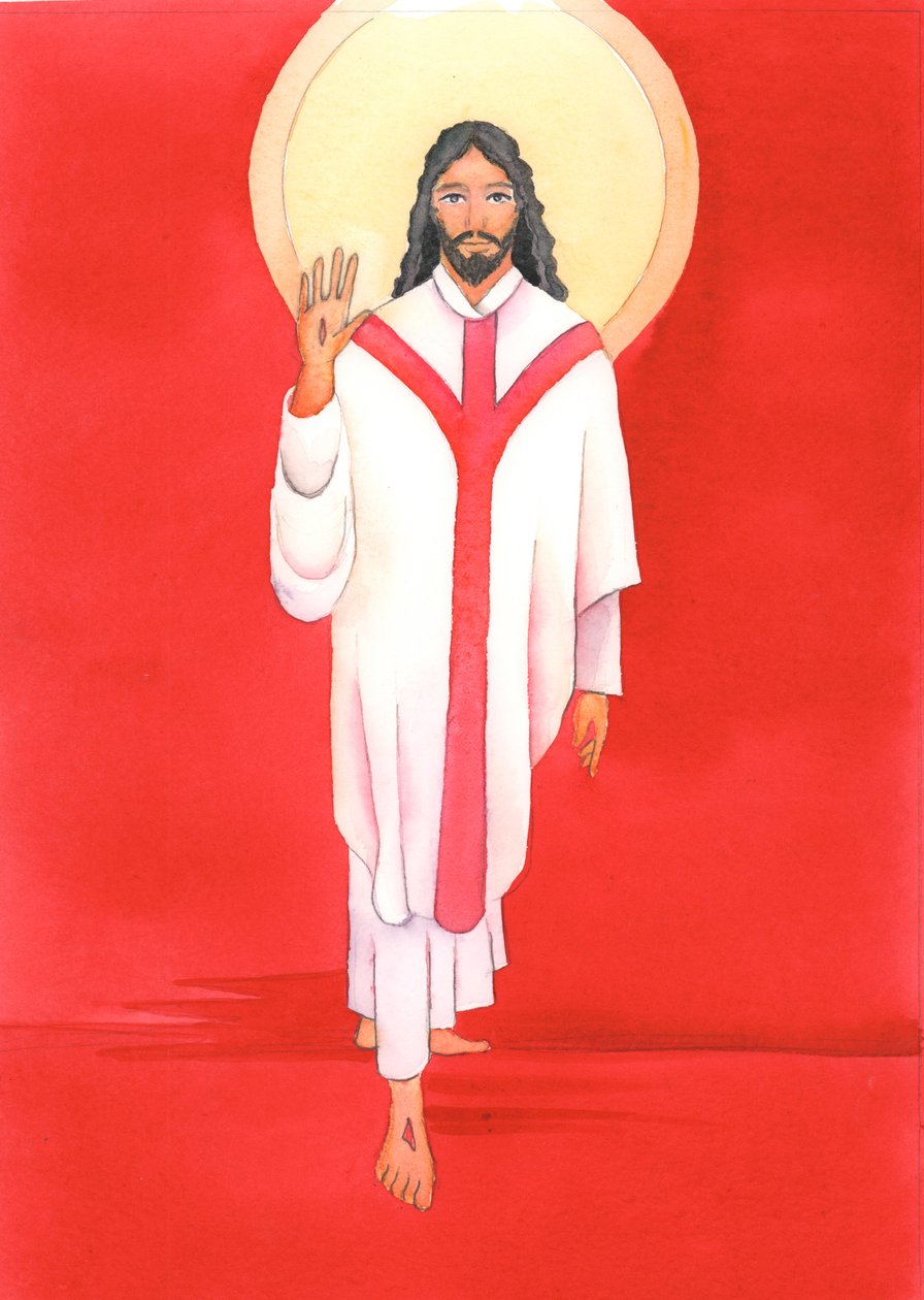I messen hilser Jesus med stor hengivenhed alle dem, der elsker og byder ham velkommen. Han er virkelig til stede hos os i den hellige nadver, 2000 (w/c på papir) af Elizabeth Wang