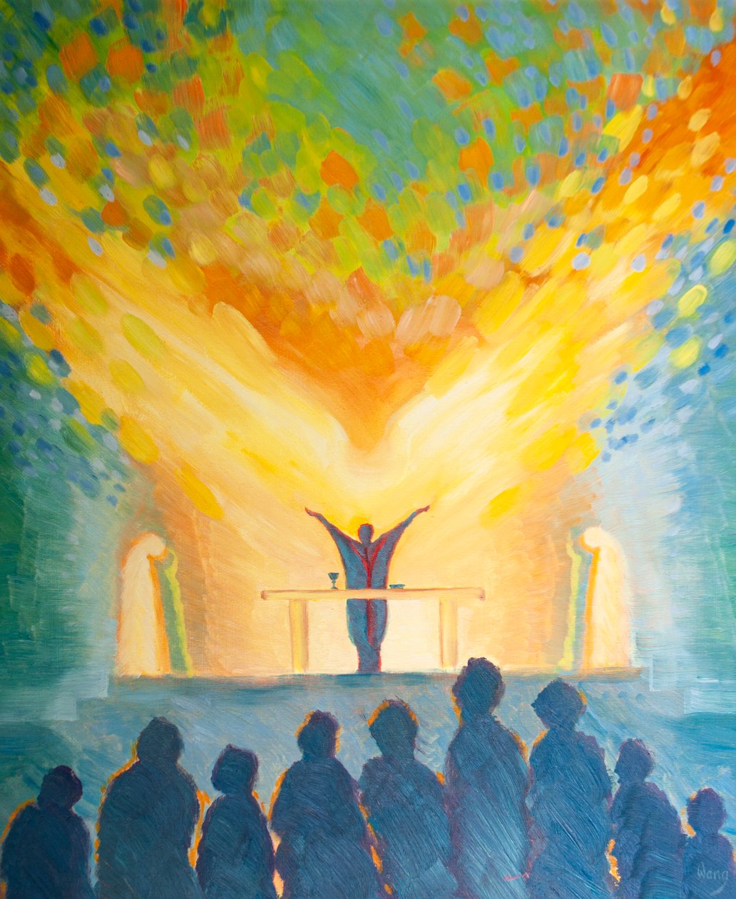 I den hellige liturgi, ligesom i vores personlige bøn, stoler vi på Helligåndens kraft, 2000 (olie om bord) af Elizabeth Wang