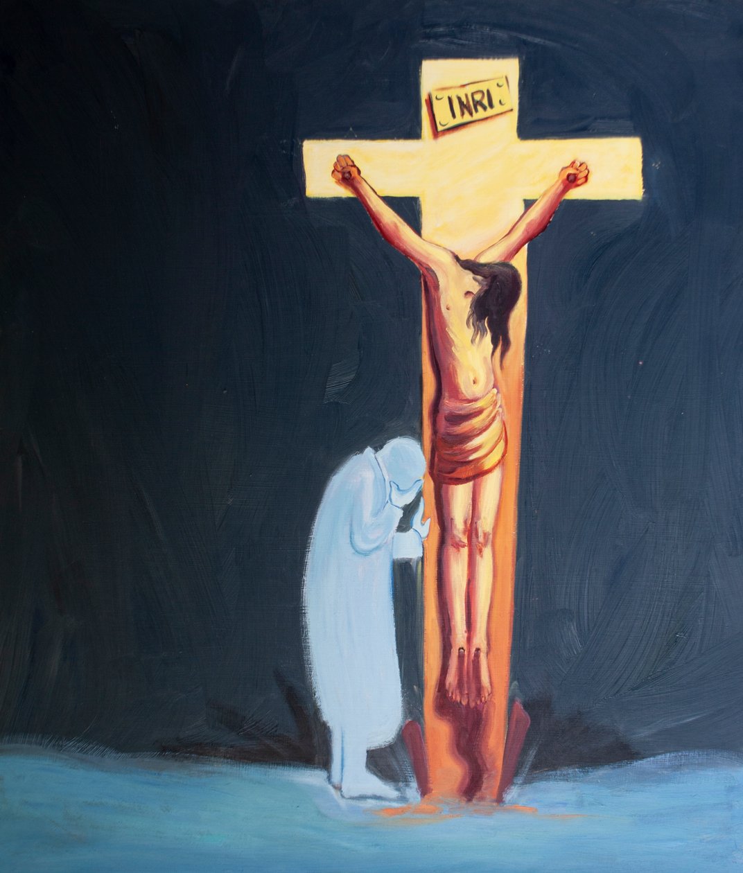 Det er ved ydmyghed, at vi kan lære at gemme os med vores sår ved siden af Jesus den korsfæstede, 2000 (olie om bord) af Elizabeth Wang