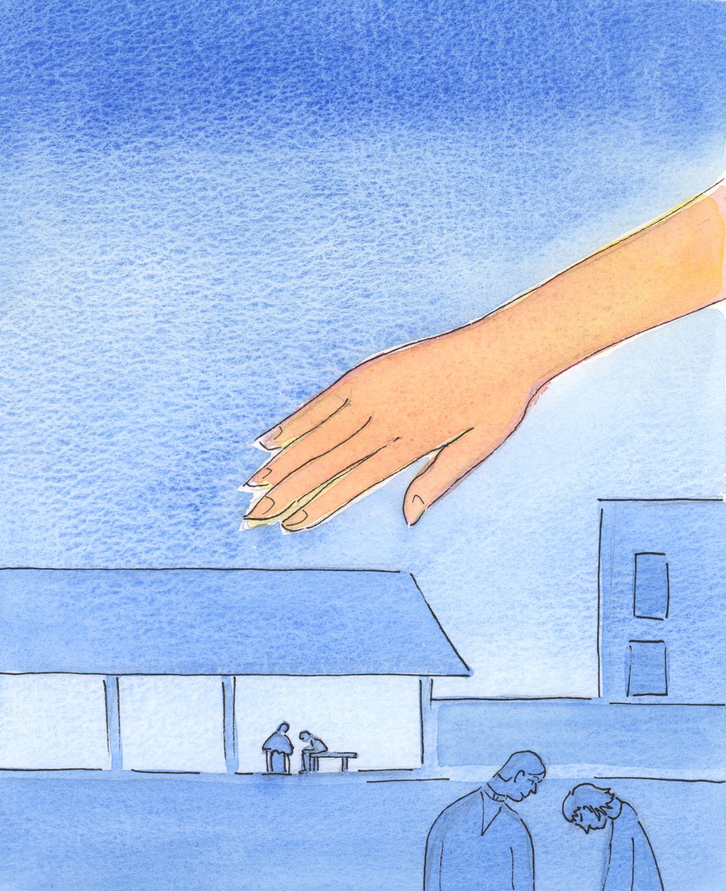 Det er, som om Faderens hånd rækker ud over de steder, hvor der høres bekendelser, 2003 (w/c på papir) af Elizabeth Wang