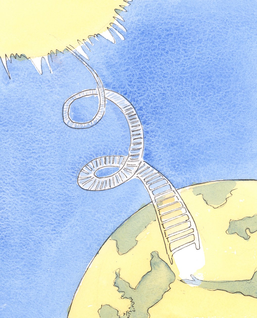 Det er, som om der strakte sig en lang spiralstige fra himlen ned til jorden, 2004 (w/c på papir) af Elizabeth Wang