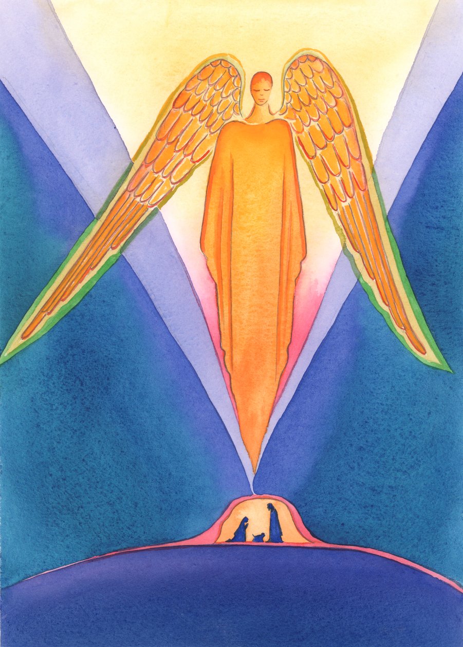 Jesus Kristus kom for at dele vores liv på jorden, i sin fødsel, så vi kunne komme i himlen, 2005 (akvarel på papir) af Elizabeth Wang