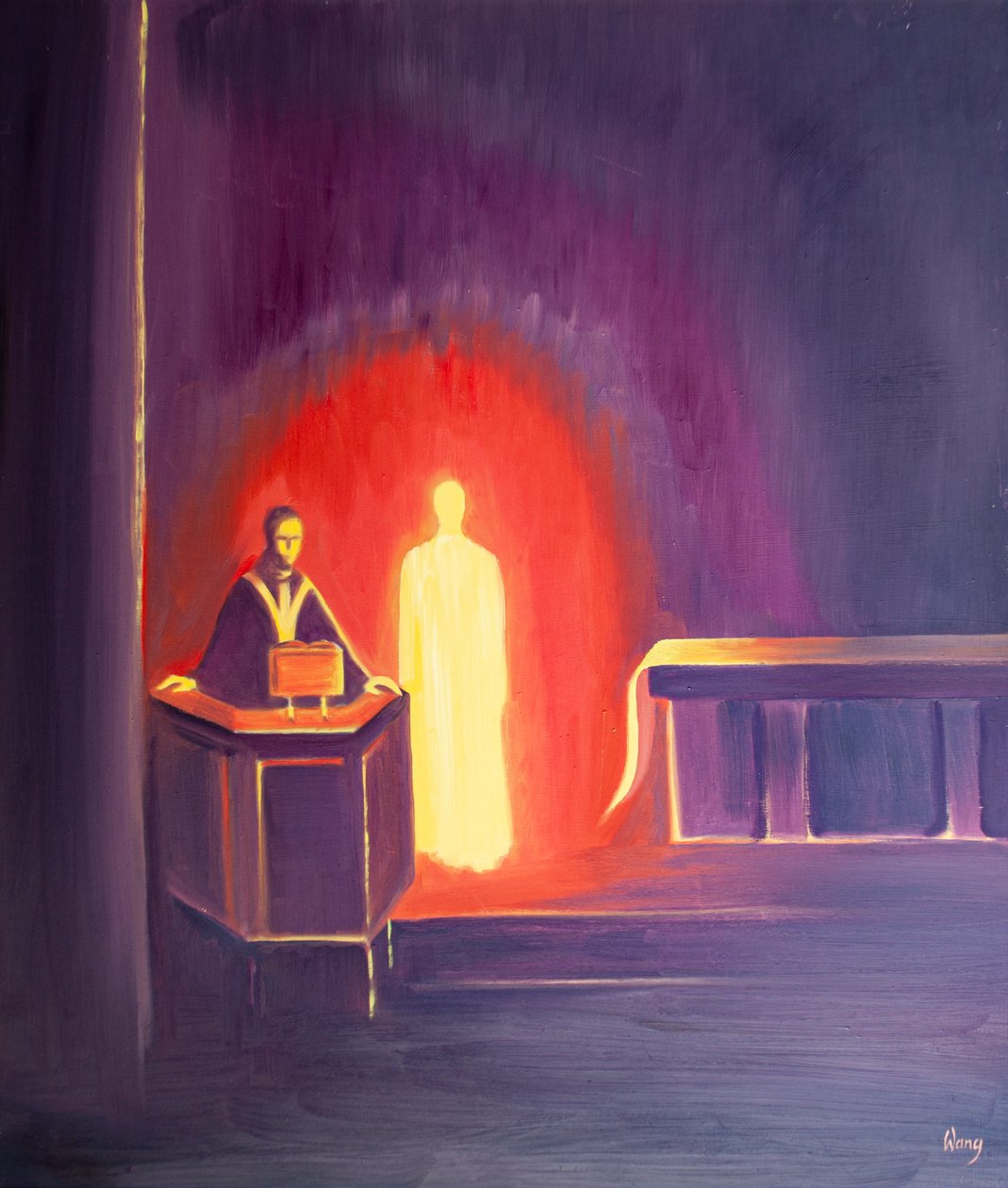 Jesus Kristus er til stede hos os, når skrifterne læses, 2000 (olie om bord) af Elizabeth Wang