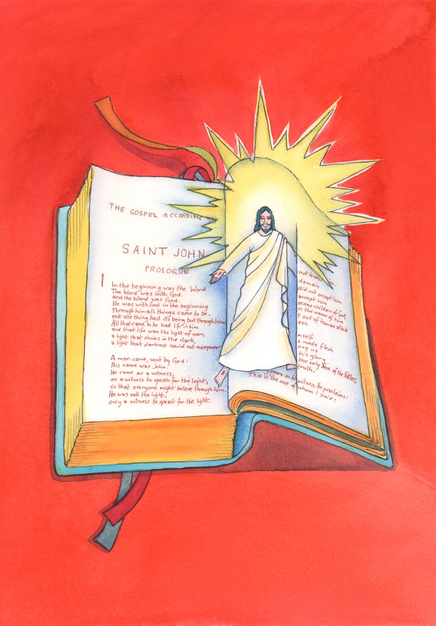 Jesus Kristus er åbenbaret for os gennem sit hellige ord, hver gang vi læser skrifterne eller hører dem forkyndt ved messen. Gennem ham lærer vi Faderen at kende., 2004 (w/c på papir) af Elizabeth Wang